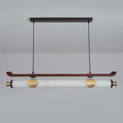 Traditional Chinese Brass Wujin Wood & Imitation Marble Bar-Shaped LED Chandelier Island Light For Dining Room