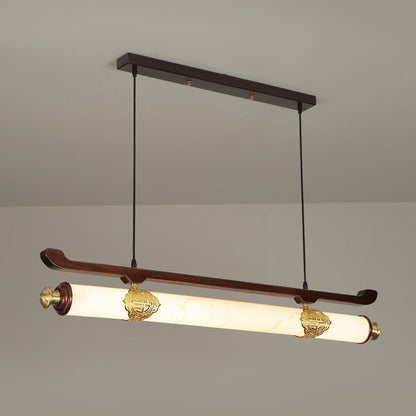 Traditional Chinese Brass Wujin Wood & Imitation Marble Bar-Shaped LED Chandelier Island Light For Dining Room