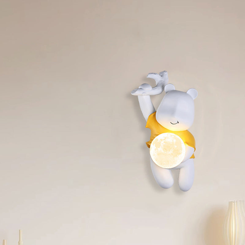 Contemporary Creative Kids Resin & PLA Cartoon Bear With Moon 1-Light Wall Sconce Lamp For Bedroom & Living Room