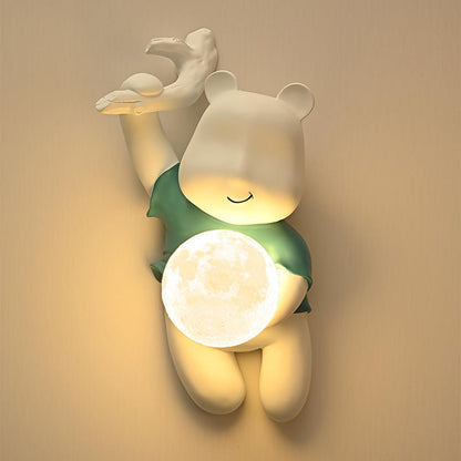 Contemporary Creative Kids Resin & PLA Cartoon Bear With Moon 1-Light Wall Sconce Lamp For Bedroom & Living Room