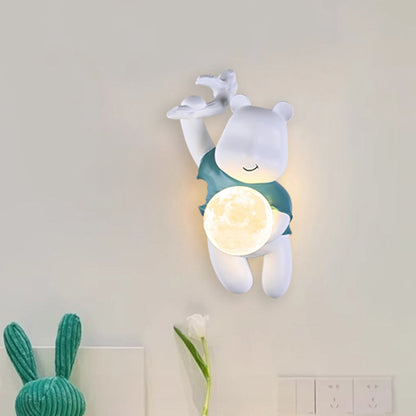 Contemporary Creative Kids Resin & PLA Cartoon Bear With Moon 1-Light Wall Sconce Lamp For Bedroom & Living Room