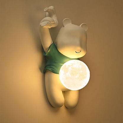 Contemporary Creative Kids Resin & PLA Cartoon Bear With Moon 1-Light Wall Sconce Lamp For Bedroom & Living Room