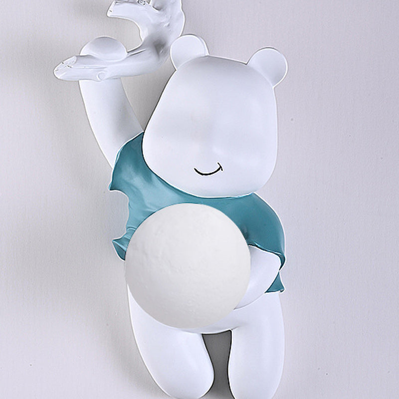 Contemporary Creative Kids Resin & PLA Cartoon Bear With Moon 1-Light Wall Sconce Lamp For Bedroom & Living Room