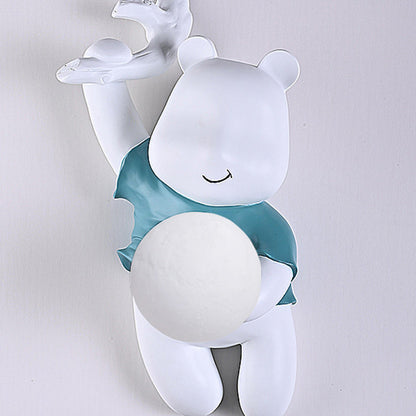 Contemporary Creative Kids Resin & PLA Cartoon Bear With Moon 1-Light Wall Sconce Lamp For Bedroom & Living Room