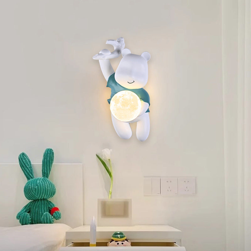 Contemporary Creative Kids Resin & PLA Cartoon Bear With Moon 1-Light Wall Sconce Lamp For Bedroom & Living Room