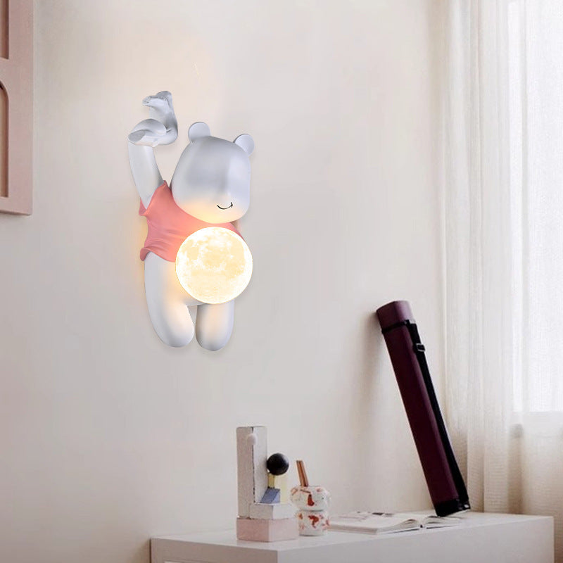 Contemporary Creative Kids Resin & PLA Cartoon Bear With Moon 1-Light Wall Sconce Lamp For Bedroom & Living Room