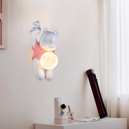 Contemporary Creative Kids Resin & PLA Cartoon Bear With Moon 1-Light Wall Sconce Lamp For Bedroom & Living Room
