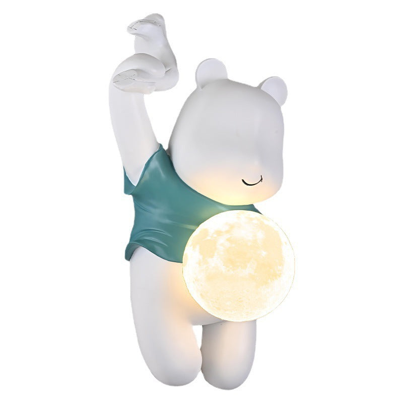 Contemporary Creative Kids Resin & PLA Cartoon Bear With Moon 1-Light Wall Sconce Lamp For Bedroom & Living Room