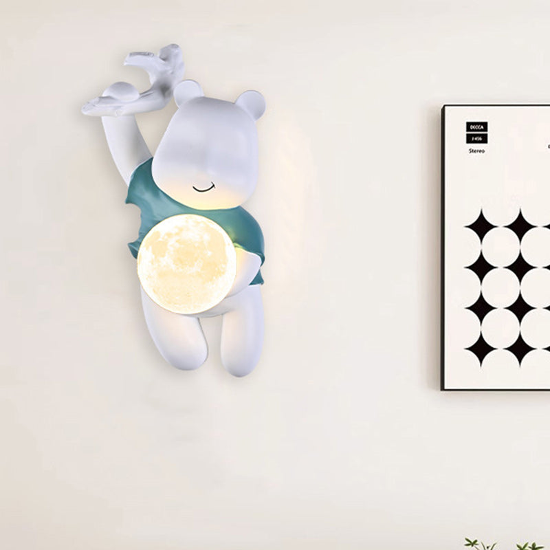 Contemporary Creative Kids Resin & PLA Cartoon Bear With Moon 1-Light Wall Sconce Lamp For Bedroom & Living Room