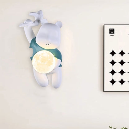 Contemporary Creative Kids Resin & PLA Cartoon Bear With Moon 1-Light Wall Sconce Lamp For Bedroom & Living Room