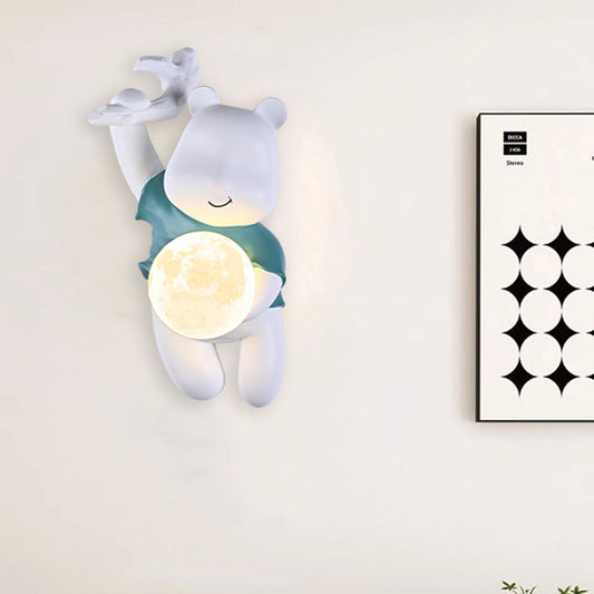 Contemporary Creative Kids Resin & PLA Cartoon Bear With Moon 1-Light Wall Sconce Lamp For Bedroom & Living Room