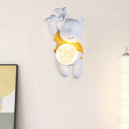Contemporary Creative Kids Resin & PLA Cartoon Bear With Moon 1-Light Wall Sconce Lamp For Bedroom & Living Room