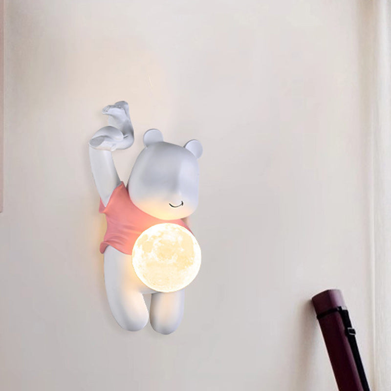 Contemporary Creative Kids Resin & PLA Cartoon Bear With Moon 1-Light Wall Sconce Lamp For Bedroom & Living Room