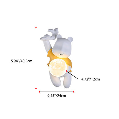 Contemporary Creative Kids Resin & PLA Cartoon Bear With Moon 1-Light Wall Sconce Lamp For Bedroom & Living Room
