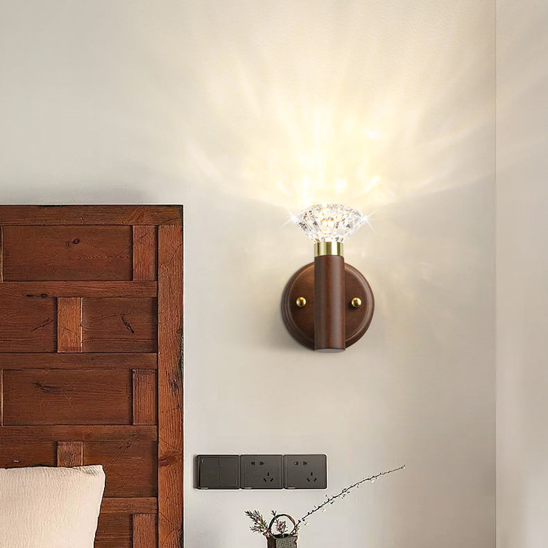 Contemporary Retro Acrylic Rubberwood Aluminum Diamond Flashlight LED Wall Sconce Lamp For Bedside