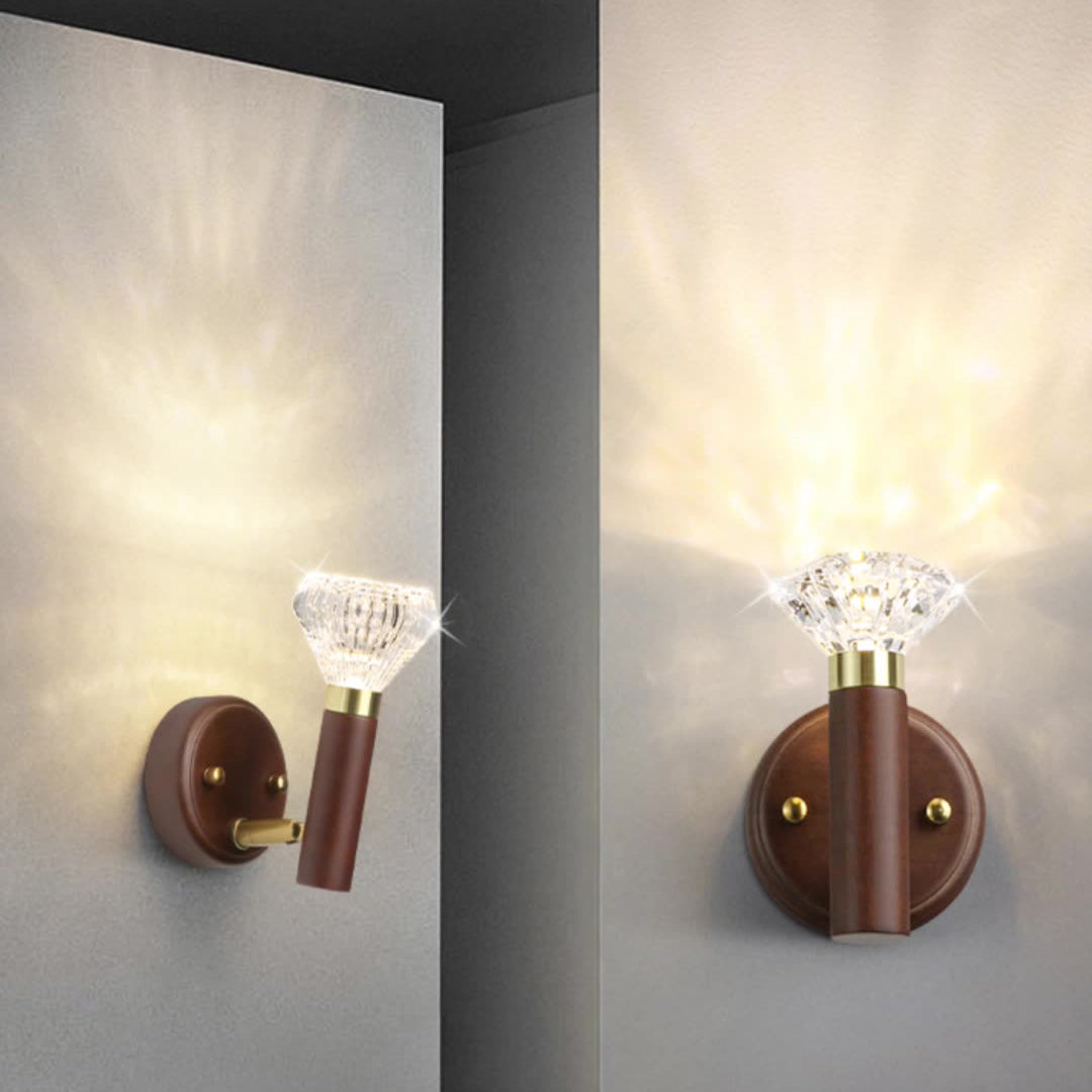 Contemporary Retro Acrylic Rubberwood Aluminum Diamond Flashlight LED Wall Sconce Lamp For Bedside