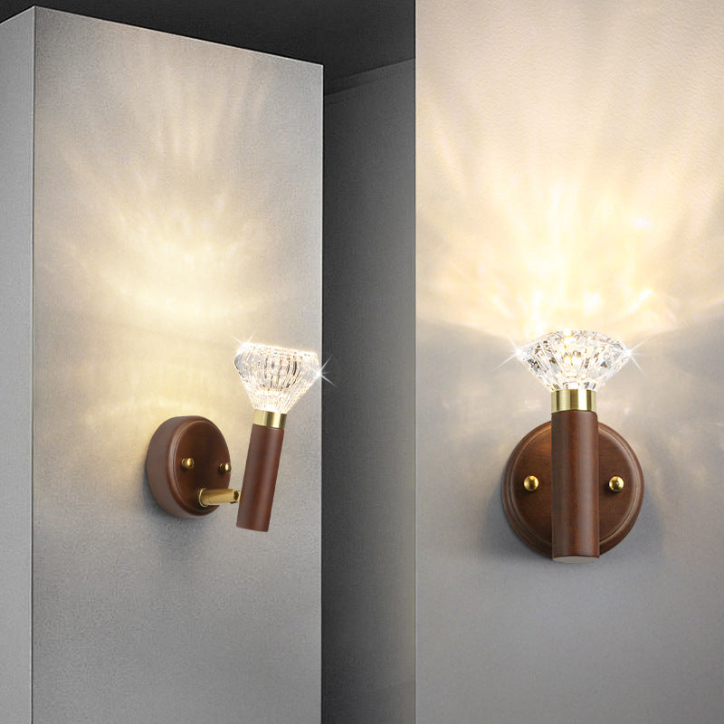 Contemporary Retro Acrylic Rubberwood Aluminum Diamond Flashlight LED Wall Sconce Lamp For Bedside