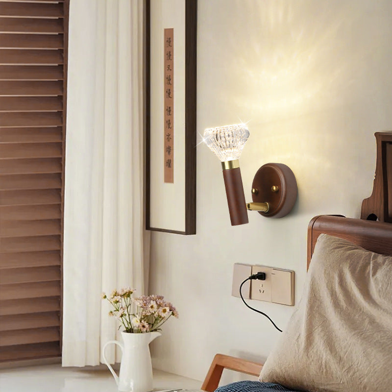 Contemporary Retro Acrylic Rubberwood Aluminum Diamond Flashlight LED Wall Sconce Lamp For Bedside