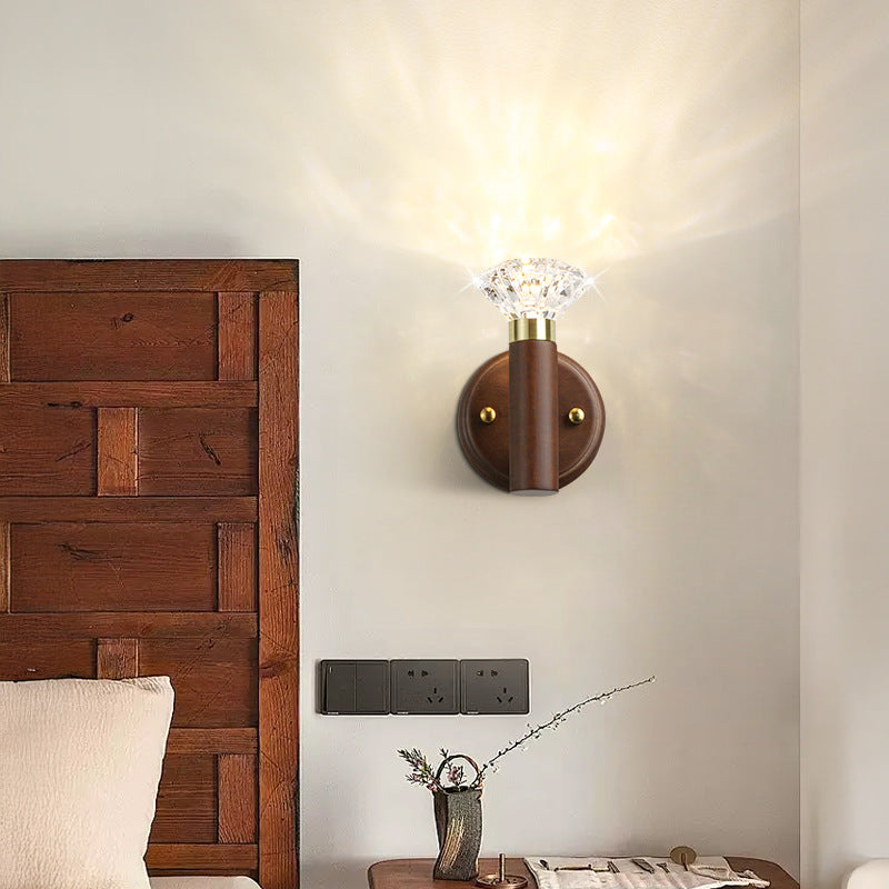 Contemporary Retro Acrylic Rubberwood Aluminum Diamond Flashlight LED Wall Sconce Lamp For Bedside