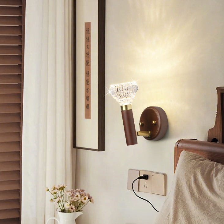 Contemporary Retro Acrylic Rubberwood Aluminum Diamond Flashlight LED Wall Sconce Lamp For Bedside
