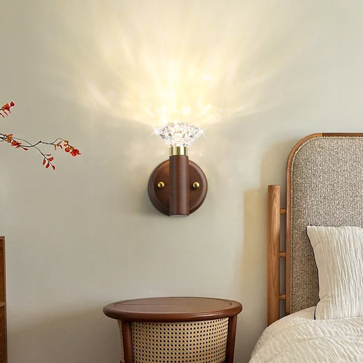 Contemporary Retro Acrylic Rubberwood Aluminum Diamond Flashlight LED Wall Sconce Lamp For Bedside