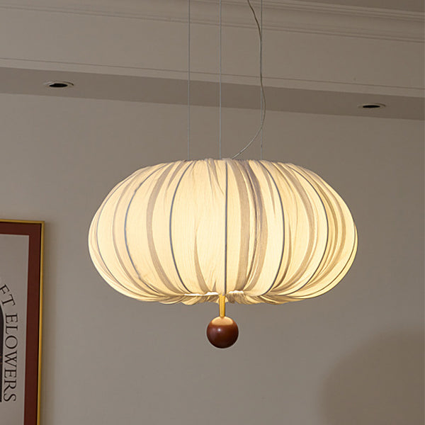 Traditional French Fabric Metal & Wood Curved Pattern Round LED Chandelier For Dining Room And Living Room