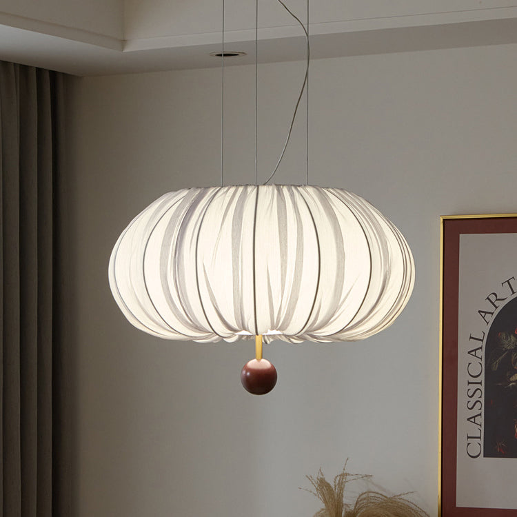 Traditional French Fabric Metal & Wood Curved Pattern Round LED Chandelier For Dining Room And Living Room