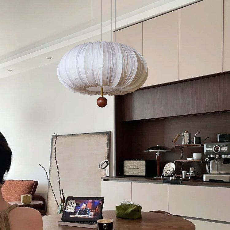 Traditional French Fabric Metal & Wood Curved Pattern Round LED Chandelier For Dining Room And Living Room