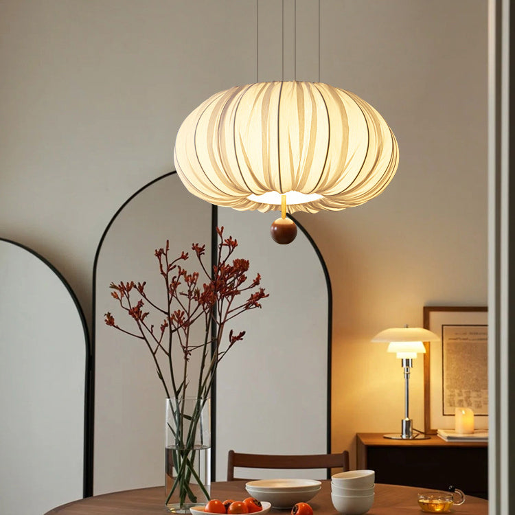 Traditional French Fabric Metal & Wood Curved Pattern Round LED Chandelier For Dining Room And Living Room