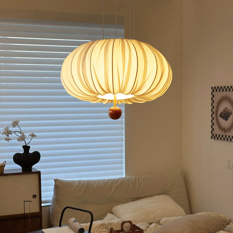 Traditional French Fabric Metal & Wood Curved Pattern Round LED Chandelier For Dining Room And Living Room