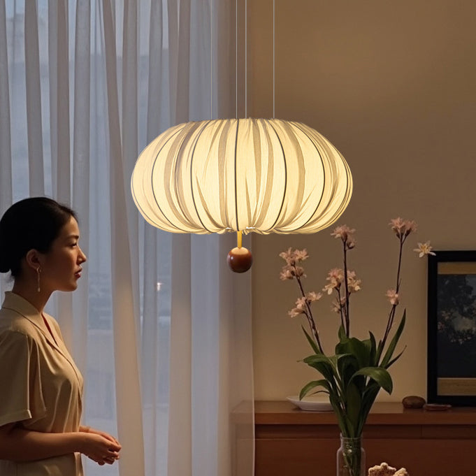 Traditional French Fabric Metal & Wood Curved Pattern Round LED Chandelier For Dining Room And Living Room