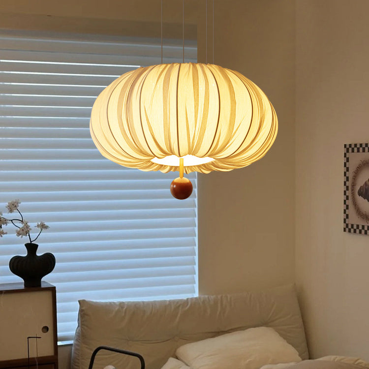 Traditional French Fabric Metal & Wood Curved Pattern Round LED Chandelier For Dining Room And Living Room