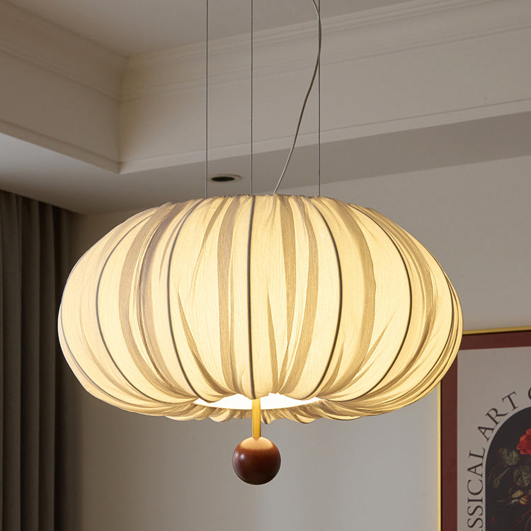 Traditional French Fabric Metal & Wood Curved Pattern Round LED Chandelier For Dining Room And Living Room