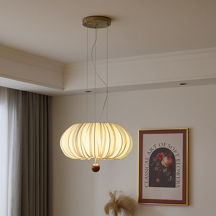 Traditional French Fabric Metal & Wood Curved Pattern Round LED Chandelier For Dining Room And Living Room
