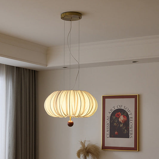 Traditional French Fabric Metal & Wood Curved Pattern Round LED Chandelier For Dining Room And Living Room