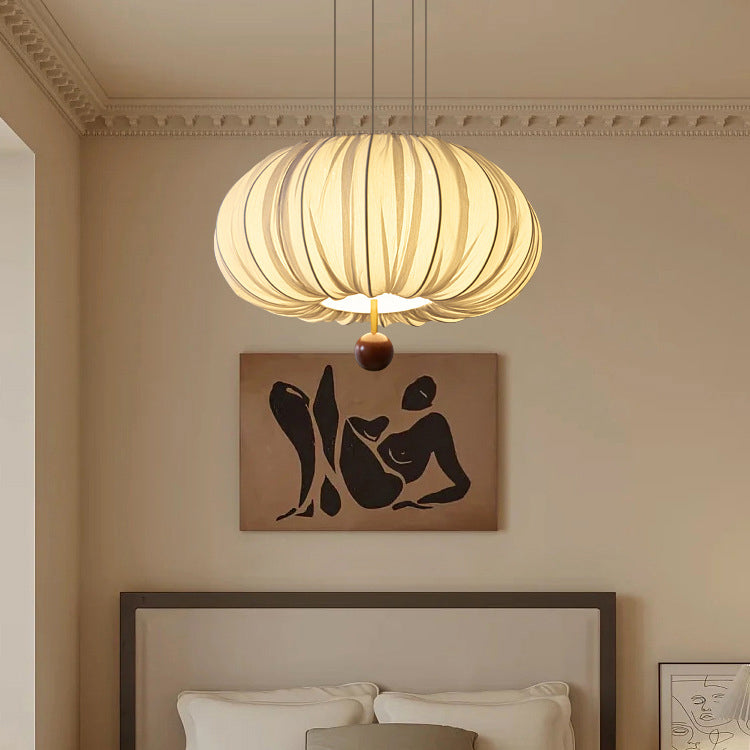 Traditional French Fabric Metal & Wood Curved Pattern Round LED Chandelier For Dining Room And Living Room