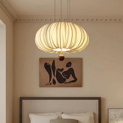 Traditional French Fabric Metal & Wood Curved Pattern Round LED Chandelier For Dining Room And Living Room