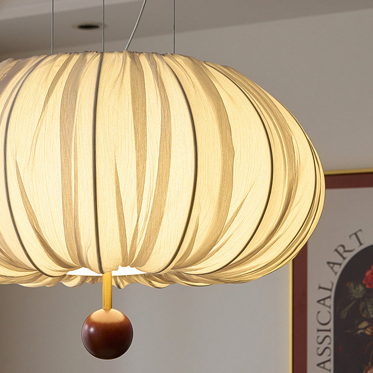 Traditional French Fabric Metal & Wood Curved Pattern Round LED Chandelier For Dining Room And Living Room