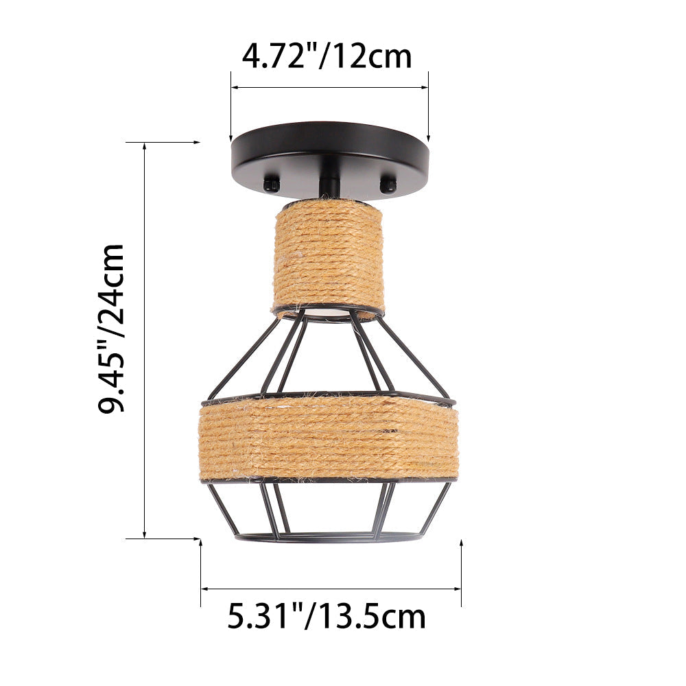 Contemporary Industrial Iron & Rope Cage Grenade 1-Light Semi-Flush Mount Ceiling Light For Hallway