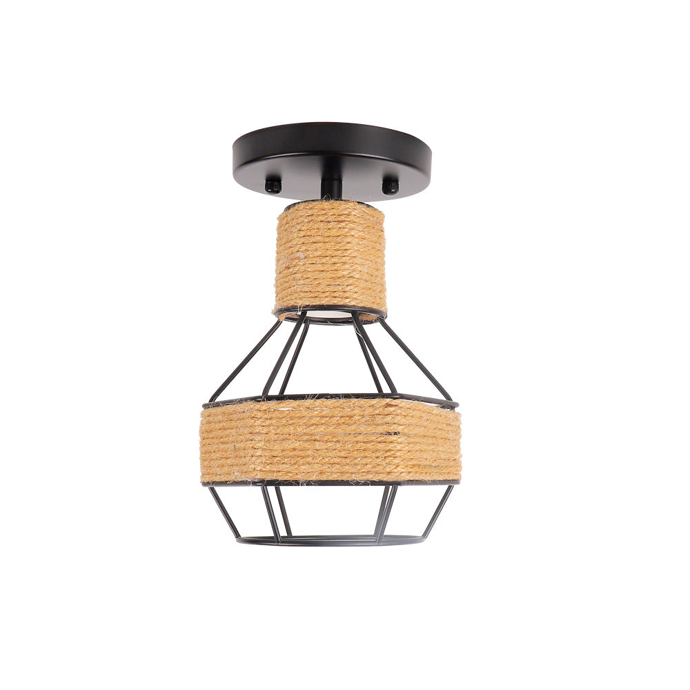 Contemporary Industrial Iron & Rope Cage Grenade 1-Light Semi-Flush Mount Ceiling Light For Hallway