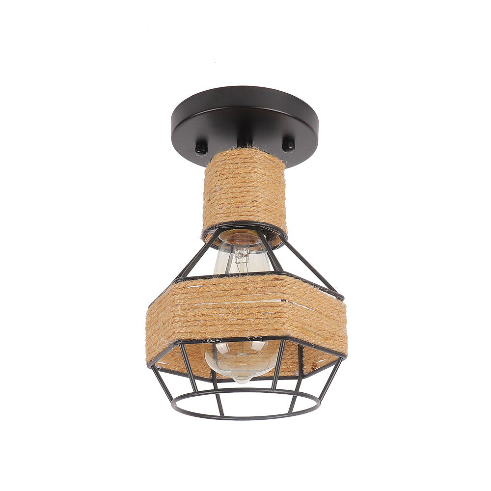 Contemporary Industrial Iron & Rope Cage Grenade 1-Light Semi-Flush Mount Ceiling Light For Hallway