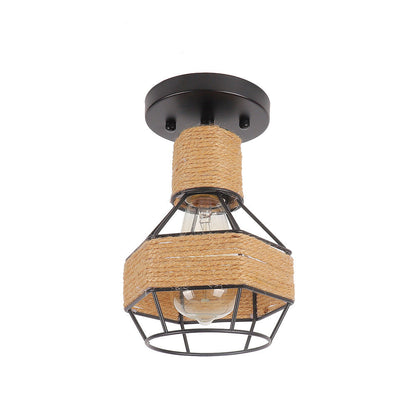 Contemporary Industrial Iron & Rope Cage Grenade 1-Light Semi-Flush Mount Ceiling Light For Hallway