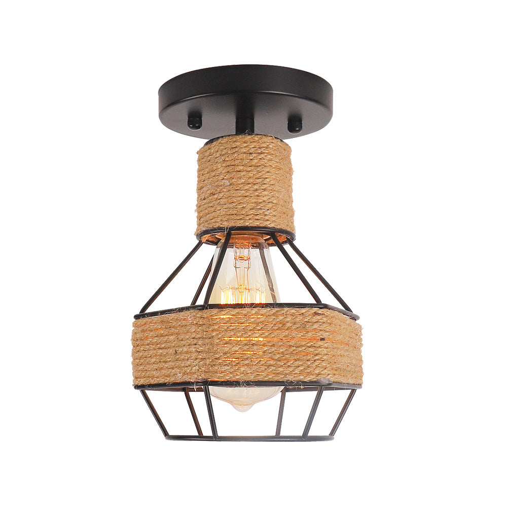 Contemporary Industrial Iron & Rope Cage Grenade 1-Light Semi-Flush Mount Ceiling Light For Hallway