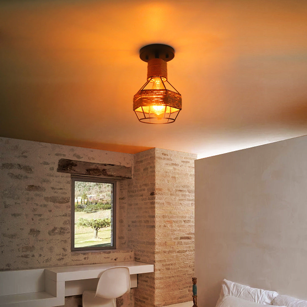 Contemporary Industrial Iron & Rope Cage Grenade 1-Light Semi-Flush Mount Ceiling Light For Hallway