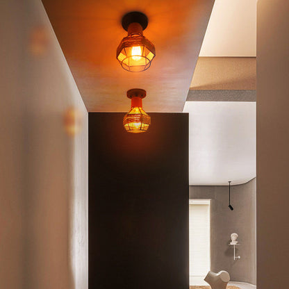 Contemporary Industrial Iron & Rope Cage Grenade 1-Light Semi-Flush Mount Ceiling Light For Hallway