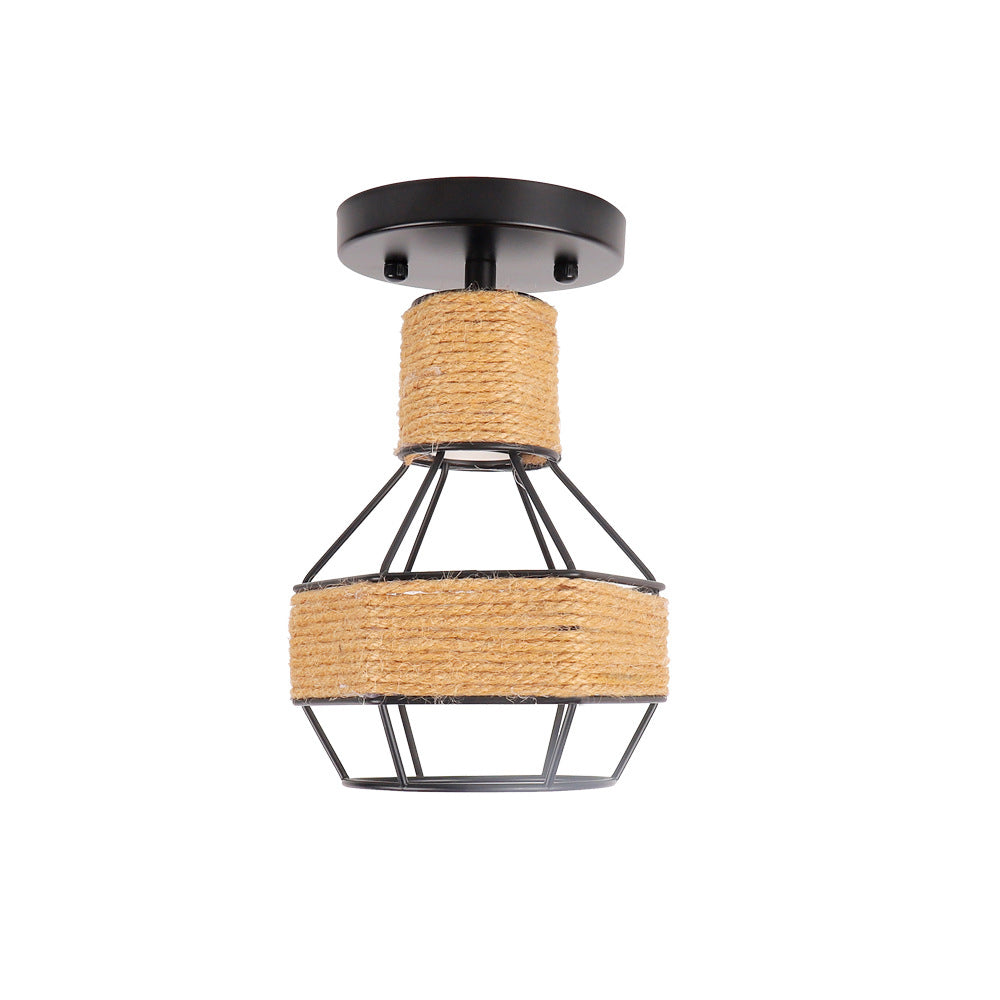 Contemporary Industrial Iron & Rope Cage Grenade 1-Light Semi-Flush Mount Ceiling Light For Hallway