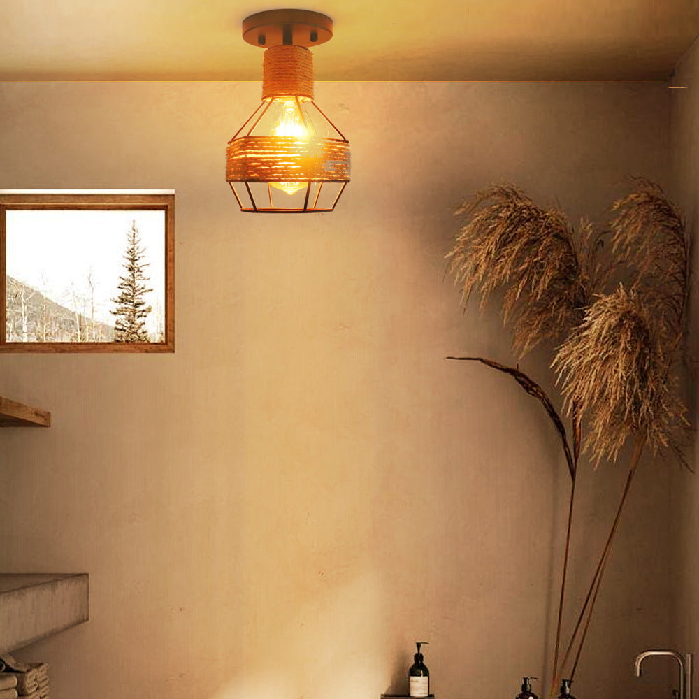 Contemporary Industrial Iron & Rope Cage Grenade 1-Light Semi-Flush Mount Ceiling Light For Hallway