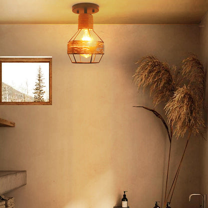 Contemporary Industrial Iron & Rope Cage Grenade 1-Light Semi-Flush Mount Ceiling Light For Hallway
