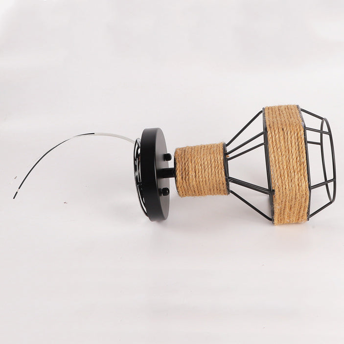 Contemporary Industrial Iron & Rope Cage Grenade 1-Light Semi-Flush Mount Ceiling Light For Hallway
