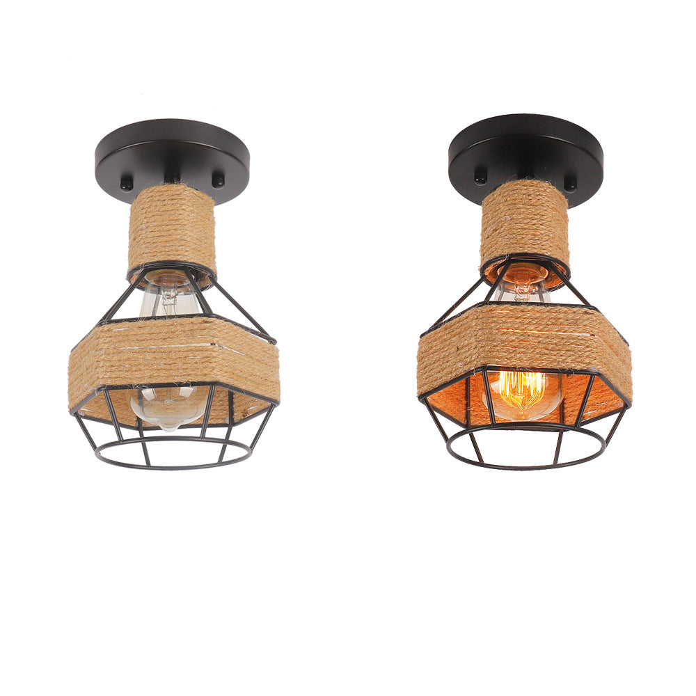 Contemporary Industrial Iron & Rope Cage Grenade 1-Light Semi-Flush Mount Ceiling Light For Hallway